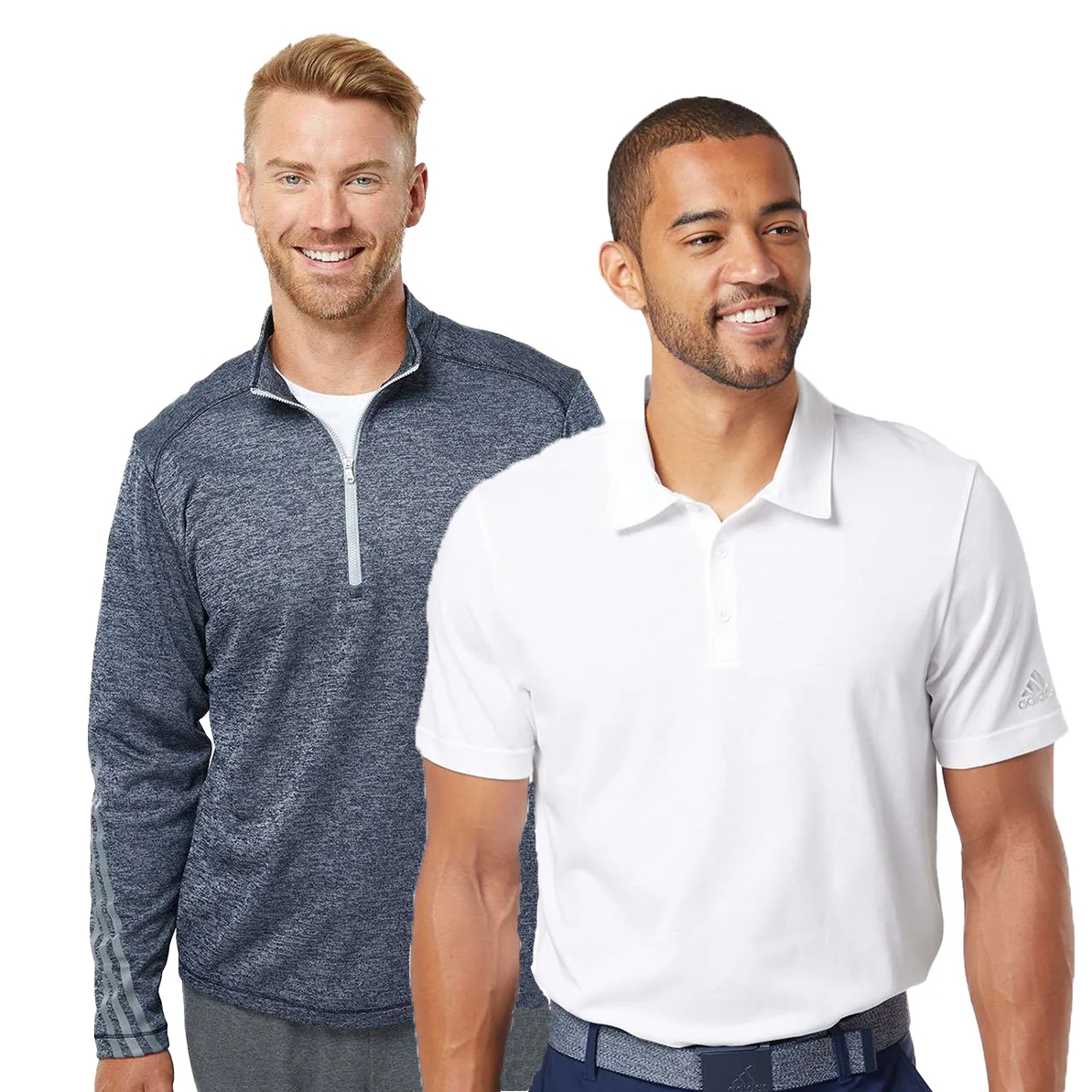 Two men wearing casual sports attire; one in a white polo shirt and the other in a half-zip gray pullover.