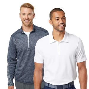 Two men wearing casual sports attire; one in a white polo shirt and the other in a half-zip gray pullover.