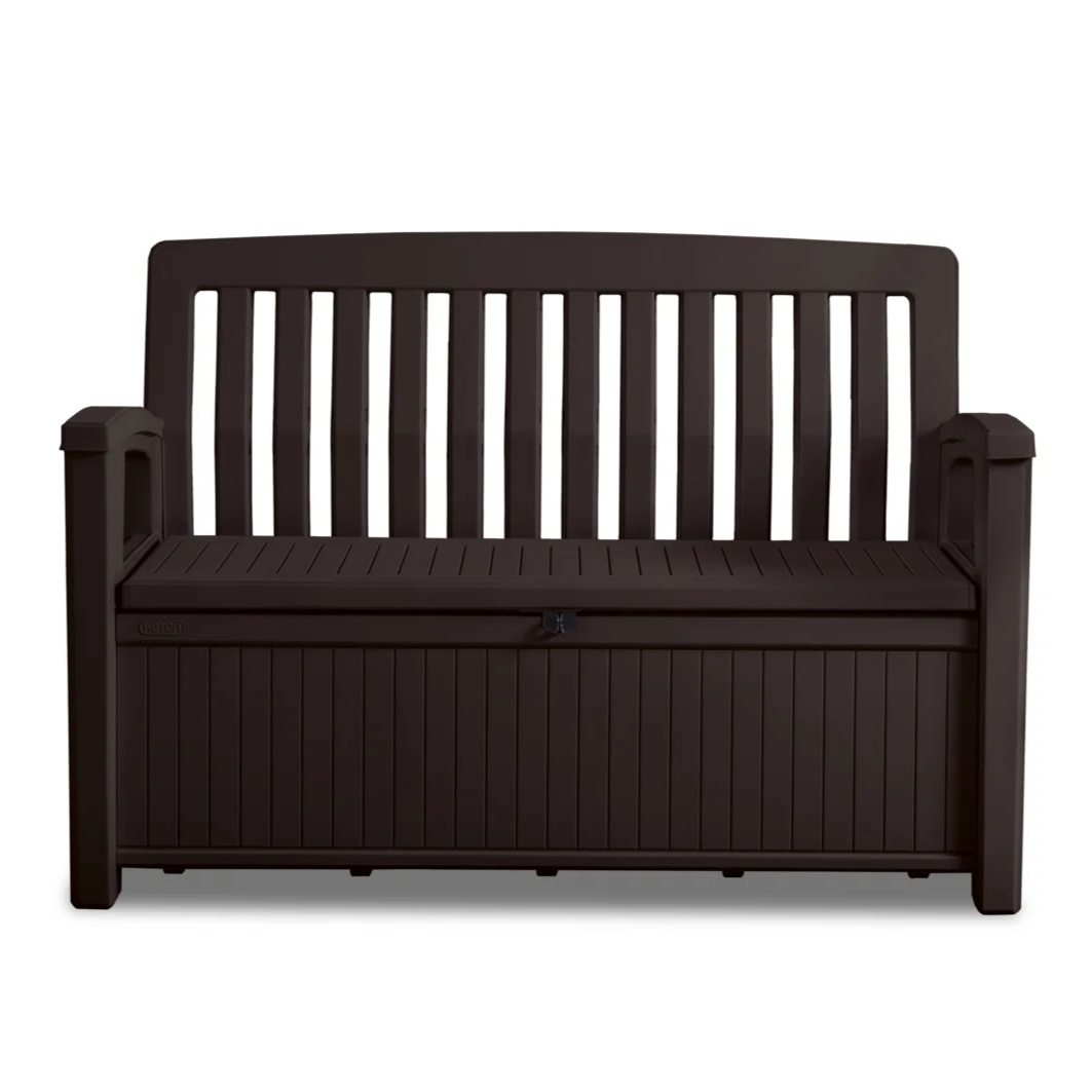 A dark brown outdoor storage bench with a slatted backrest and armrests, featuring a storage compartment below the seat.