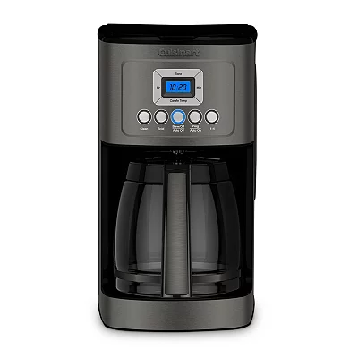 A Cuisinart 14-Cup Coffee Maker with a digital blue backlit LCD, programmable controls, and a black carafe seated in a black housing with stainless steel accents.
