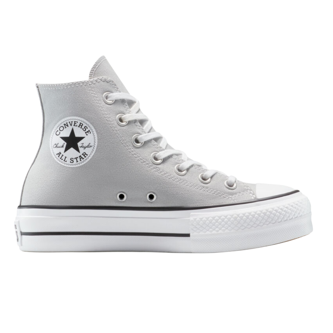 Converse Chuck Taylor All Star high-top sneaker in light gray with a white rubber sole, black stripe detailing, and the classic circular logo on the ankle.