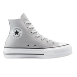 Converse Chuck Taylor All Star high-top sneaker in light gray with a white rubber sole, black stripe detailing, and the classic circular logo on the ankle.