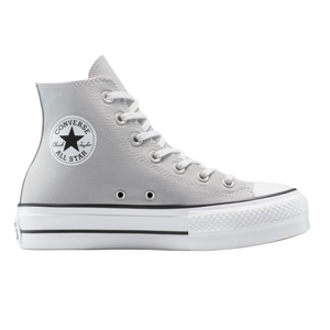 Converse Chuck Taylor All Star high-top sneaker in light gray with a white rubber sole, black stripe detailing, and the classic circular logo on the ankle.