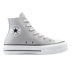 Converse Chuck Taylor All Star high-top sneaker in light gray with a white rubber sole, black stripe detailing, and the classic circular logo on the ankle.