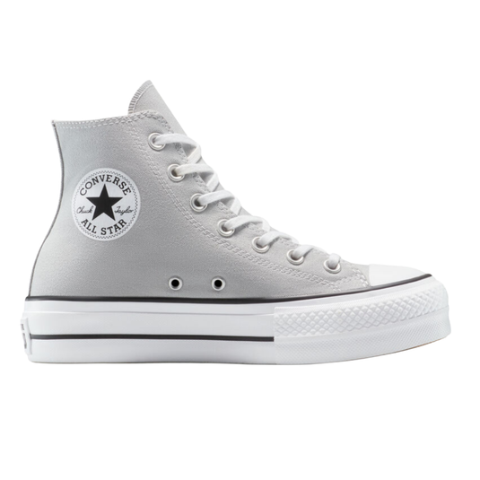 Converse Chuck Taylor All Star high-top sneaker in light gray with a white rubber sole, black stripe detailing, and the classic circular logo on the ankle.