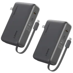 Two Aukey 10,000mAh power banks with built-in USB-C cables and digital displays for charging information.