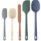Set of five silicone spatulas in various colors: gray, cream, brown, green, and blue.