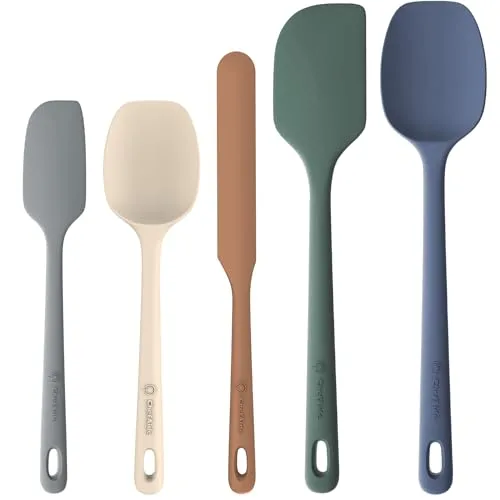 Set of five silicone spatulas in various colors: gray, cream, brown, green, and blue.