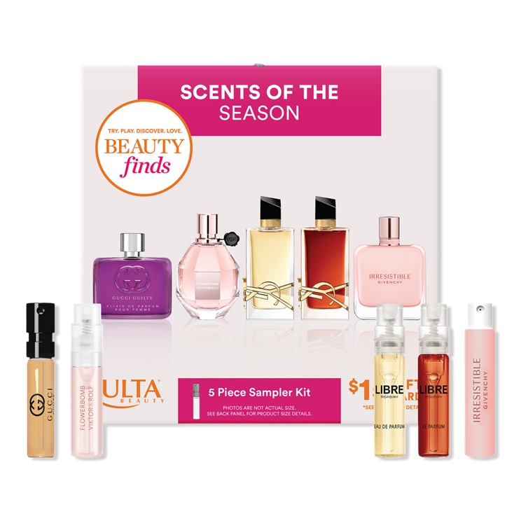 The Ulta 5-piece Fragrance Sampler features deluxe samples of Gucci Guilty, Flowerbomb by Viktor & Rolf, Libre by Yves Saint Laurent, Libre Le Parfum by Yves Saint Laurent, and Irresistible by Givenchy, offering a variety of seasonal scents.
