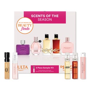 The Ulta 5-piece Fragrance Sampler features deluxe samples of Gucci Guilty, Flowerbomb by Viktor & Rolf, Libre by Yves Saint Laurent, Libre Le Parfum by Yves Saint Laurent, and Irresistible by Givenchy, offering a variety of seasonal scents.