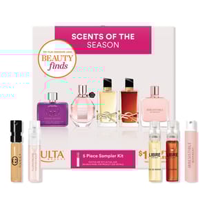 The Ulta 5-piece Fragrance Sampler features deluxe samples of Gucci Guilty, Flowerbomb by Viktor & Rolf, Libre by Yves Saint Laurent, Libre Le Parfum by Yves Saint Laurent, and Irresistible by Givenchy, offering a variety of seasonal scents.