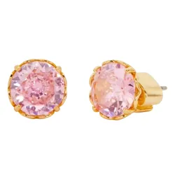 Gold-tone stud earrings with round pink gemstones in a prong setting.