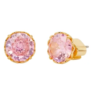 Gold-tone stud earrings with round pink gemstones in a prong setting.