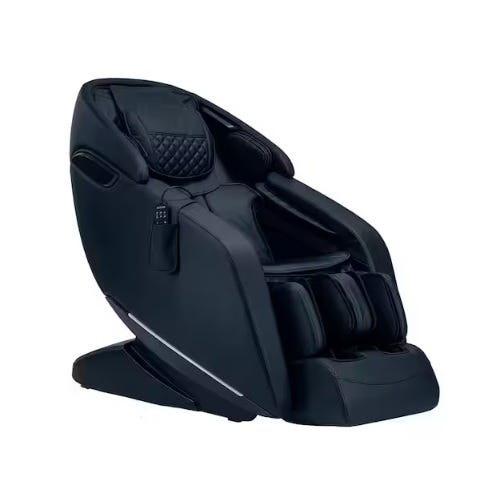A black massage chair featuring a sleek design with cushioned seating, armrests, and integrated controls.