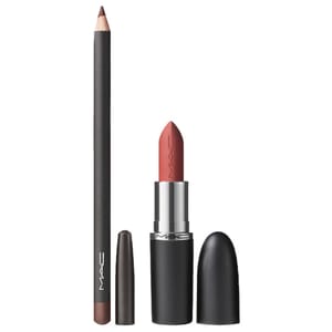 A MAC lipstick and lip liner set, featuring a soft rose-brown lipstick with a matching lip pencil, both in sleek black packaging.