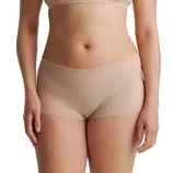A person is wearing a beige bra and matching boyshort-style underwear, showcasing a seamless, smooth fabric.
