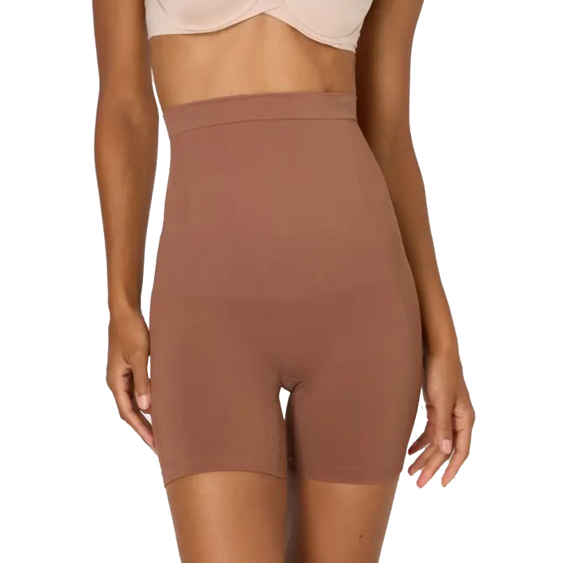 High-waisted, brown shapewear shorts designed for body smoothing and contour.