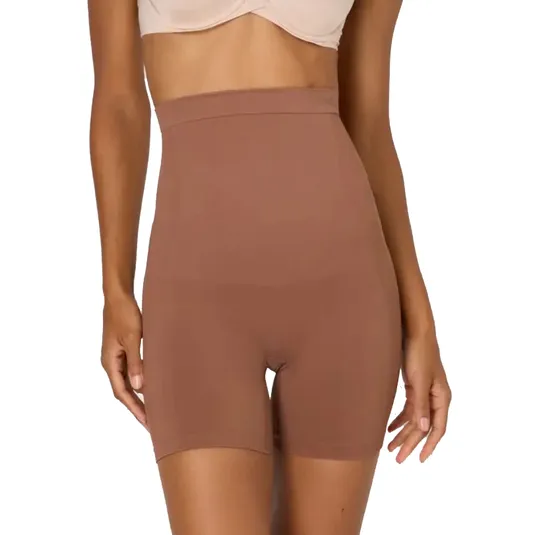 High-waisted, brown shapewear shorts designed for body smoothing and contour.