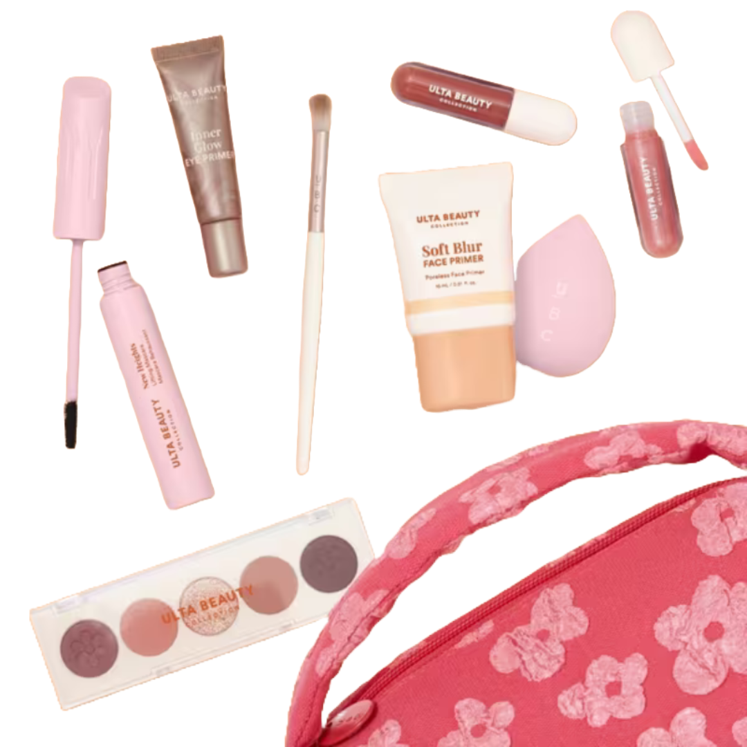 A makeup set featuring a Soft Blur Face Primer, eye primer, mascara, brush, lipstick, lip gloss, eyeshadow palette, blender sponge, and floral-patterned pouch.