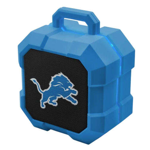 Blue portable speaker with a handle featuring a logo of a leaping lion on the front.
