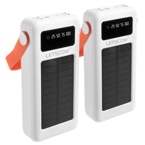 Two white LETSCOM solar-powered power banks with orange straps and digital displays indicating charge levels of 25, 50, 75, and 100 percent.