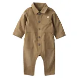 A brown infant coverall with long sleeves, button-up front, and three pockets, including a chest pocket with a small logo patch.