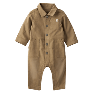 A brown infant coverall with long sleeves, button-up front, and three pockets, including a chest pocket with a small logo patch.