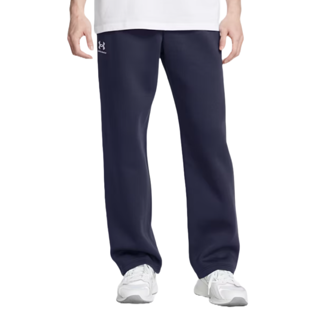 Navy blue sweatpants with a white Under Armour logo on the upper left thigh, paired with white sneakers.