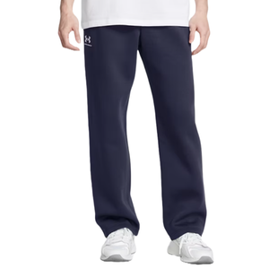 Navy blue sweatpants with a white Under Armour logo on the upper left thigh, paired with white sneakers.
