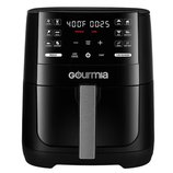 Gourmia digital air fryer with a touchscreen display showing cooking options like air fry, bake, broil, roast, and reheat, set at 400°F for 25 minutes.