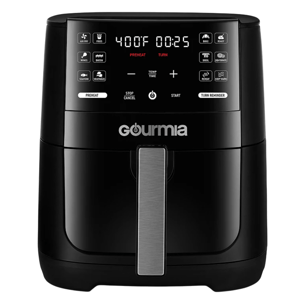 Gourmia digital air fryer with a touchscreen display showing cooking options like air fry, bake, broil, roast, and reheat, set at 400°F for 25 minutes.