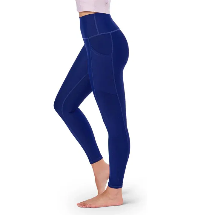 Blue high-waisted leggings with side pockets, designed for comfort and flexibility, suitable for workouts or casual wear.