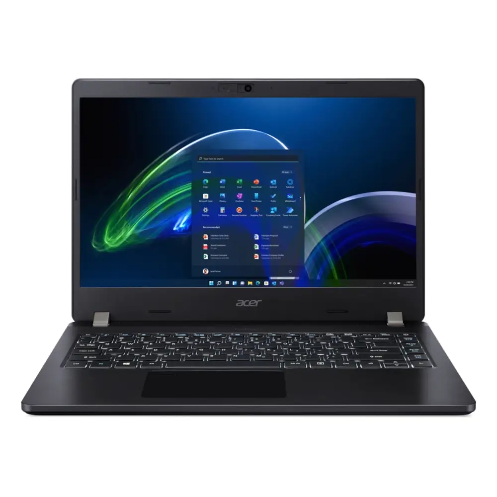 Acer laptop with Windows OS interface visible on the screen, featuring a backlit keyboard and a built-in webcam.