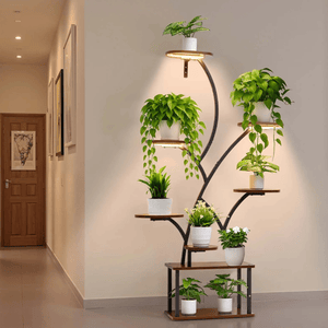 A modern plant stand in a tree-like design holds various potted plants in a hallway. Integrated lights illuminate the shelves, enhancing the greenery on display.