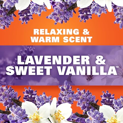 Lavender and sweet vanilla scented trash bags, framed by purple and white flowers with an orange and purple background emphasizing a relaxing and warm scent.