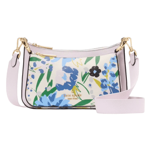 A compact floral handbag with blue and green patterns features a detachable light pink strap and gold-toned hardware.