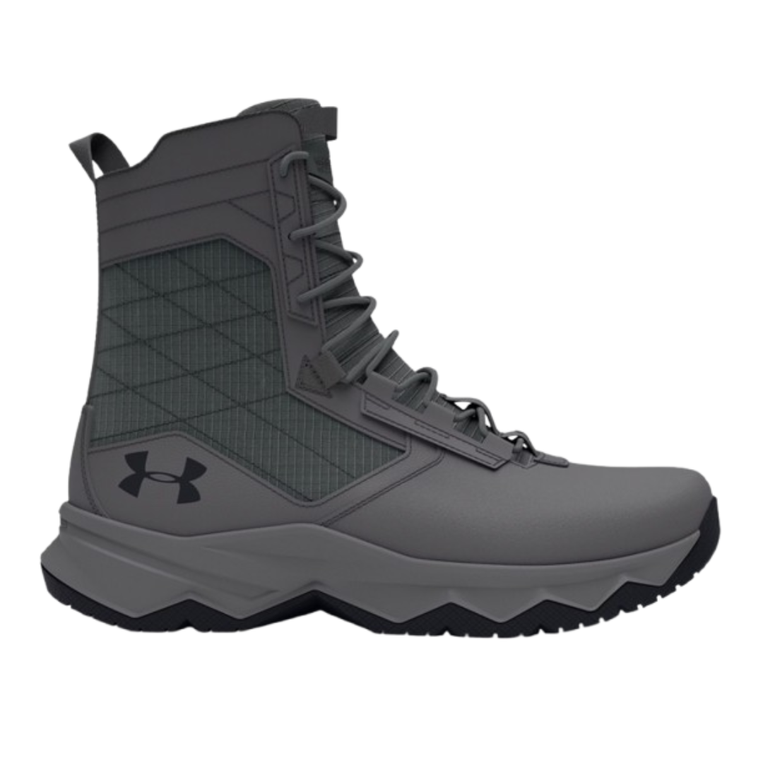 Gray tactical boot with a high-top design, featuring a rugged sole and speed-lace system.