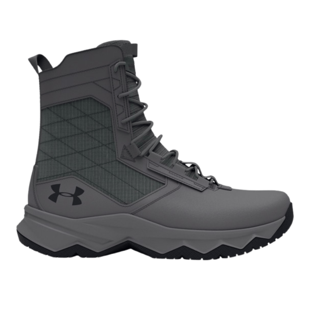 Gray tactical boot with a high-top design, featuring a rugged sole and speed-lace system.