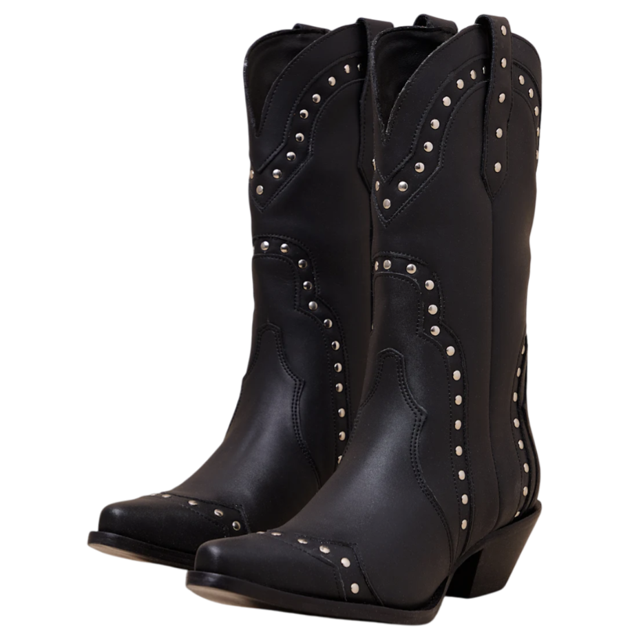 Black cowboy boots with decorative silver studs and a low heel.