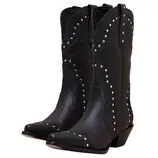Black cowboy boots with decorative silver studs and a low heel.