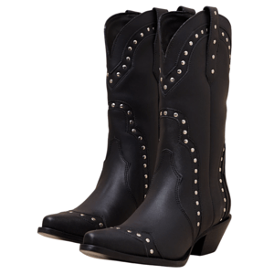 Black cowboy boots with decorative silver studs and a low heel.