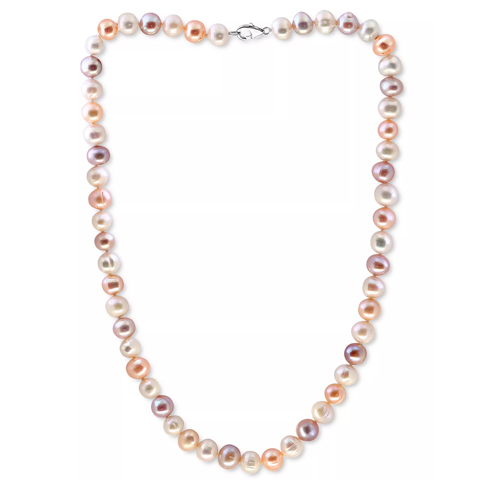A necklace featuring multicolored freshwater pearls, including shades of white, pink, and lavender, with a silver clasp.