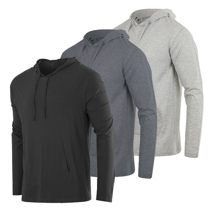 Three long-sleeved hoodies in black, gray, and light gray, each with a front pocket and drawstring hood, are displayed side by side.