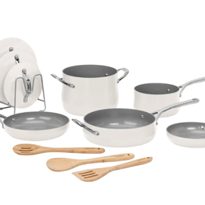 Cookware set with off-white and gray non-stick pots and pans, including a stockpot, two saucepans, two frying pans, a sauté pan, four lids, and three wooden utensils.