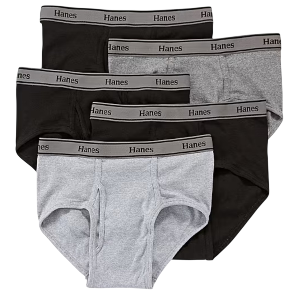 A stack of Hanes men's briefs in black and gray with a gray waistband featuring the Hanes logo.