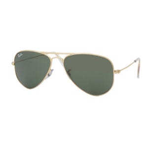 A pair of aviator sunglasses with a gold frame and green-tinted lenses.