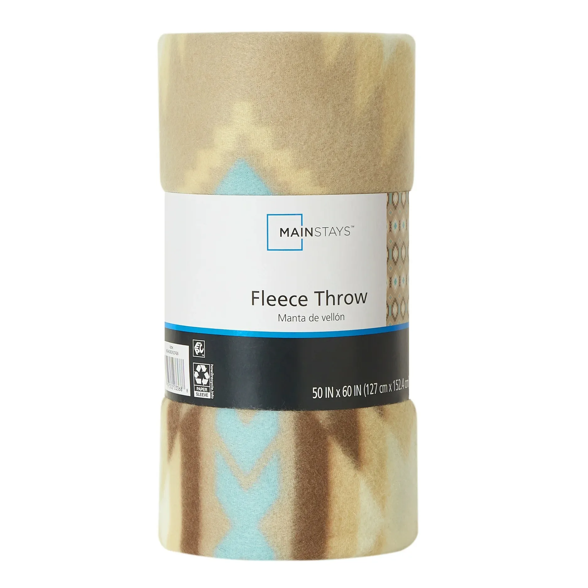 Mainstays Fleece Throw, size 50x60 inches (127x152.4 cm), features a soft, printed pattern with beige, brown, and light blue tones, providing warmth and comfort.