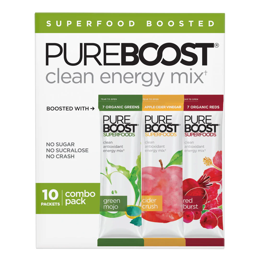 PureBoost clean energy mix combo pack includes 10 packets with flavors: Green Mojo, Cider Crush, and Red Burst. Features include being sugar-free, sucralose-free, and providing no crash energy.