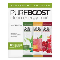 PureBoost clean energy mix combo pack includes 10 packets with flavors: Green Mojo, Cider Crush, and Red Burst. Features include being sugar-free, sucralose-free, and providing no crash energy.