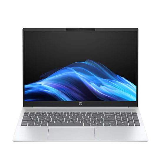 A silver laptop with a black display bezel, featuring a blue wave design on the screen. Has a standard keyboard layout.